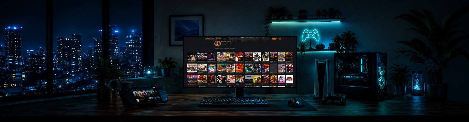 A gaming setup at night — monitors, keyboard, and console.